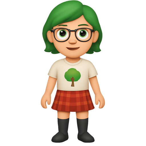 A girl in a shirt with a tree on it and in a short skirt that is plaid and knee high socks on also has green eyes and green short hair with glasses on