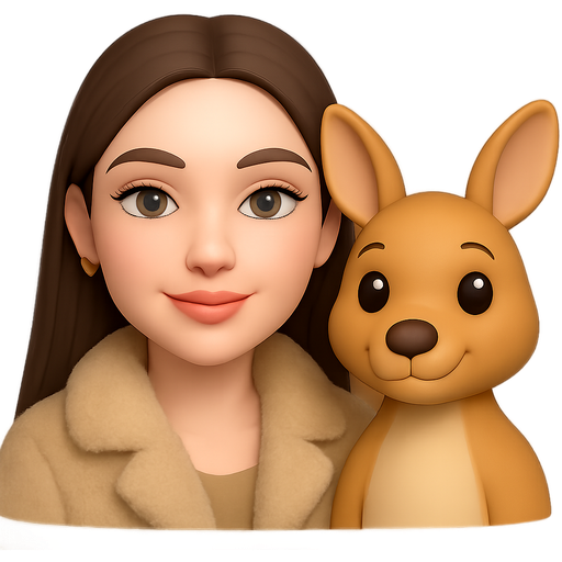 Create an Apple iPhone–style emoji (Apple emoji / Memoji aesthetic), featuring a young woman and a cute kangaroo together. The girl has clear fair skin with a natural glow, light green eyes, long straight dark brown hair parted in the middle, soft feminine facial features, defined eyebrows, long eyelashes, and full glossy lips. Her expression is warm and friendly. She is wearing a cozy beige faux-fur coat, minimal jewelry, and natural makeup. Next to her is a cute baby kangaroo in classic Apple emoji style — smooth 3D look, rounded shapes, soft gradient colors, big expressive eyes, slightly smiling. Both characters are standing close together, friendly and playful, matching the official Apple emoji design: clean shapes, soft lighting, high-quality 3D render, no text, no background or transparent background. Ultra-detailed, high resolution, Apple-style emoji, cute, aesthetic, soft shadows, smooth textures.