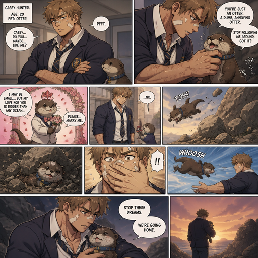 A Lifelike and Detailed Comic book story about of a Bulky and Beefy and every Muscle is bigger than average and less shredded or muscular with Chunky and Bulky chest and Biceps and his defined abs ANIME Cute Bara Man American 20 year old with a ROUND and BASIC facial structure and Young Adult BARA CUTE that is Peach Toned skin not anything else MALE not to detailed With bigger than average Pecs that are visible through the shirt and Biceps but slim and Athletic Lower body that makes have a V-Tapper Lower Body and a big Bandaid on his nose and Left Cheek and Right Eye brow with Scars all over his Chest and arms. Wearing a no piercings Wearing a baggy School Uniform and tie with Blazar and Pants and yellowish Brown Hair and Bright Light Brown fluffy Hair and Strait with brown eyes and black eyebrows with a Three finger Slash on his Eyebrow. With no Facial Hair.His Pet Otter that he excessively bullies that has a Collar and has a Huge Crush on him but he doesn’t like the otter back. And the otter one day dressed up and creates a huge ceremony marry him and he says no and the otter is throw at rock and a bolder falls and he looses. And then And his hand flys across his face and he the is silenced. And the otter flies into his pen and he picks him up and says stop these dreams we’re going home.