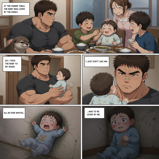 A REALISTIC and shows injuries ANIME LONG ANIME COMIC BOOK story view of a Bulky but Muscular ANIME Cute Bara Man With Peach toned skin Who looks Normal aind round facial Structure and Basic facial structure With Puffy and Big Pecs that are visible through the shirt and Biceps and Bandaid on his nose and Brown short hair that makes them look tough. Wearing normal With his pet Grown and healthy realistic otter and 2 little brothers that are in different ages but young. But didn‘t like the baby, but At the dinner table the baby was loved by the family. so the little baby is taken to his room alone so he picks the little baby and takes him to his room alone and the baby brother fly’s to the wall from him and lays leaning on the weak and the baby is shocked that the big brother doesn’t love him and all he ever wanted was to be loved by him