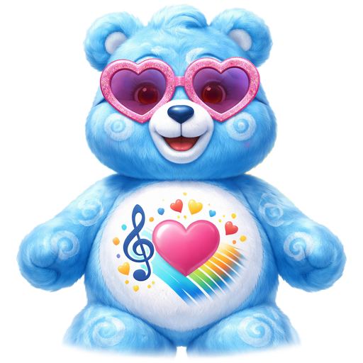 Love Song Bright Blue Care Bear With White Swirls on its Fur Wearing Pink Heart-Shaped Glasses with a Dark Blue Treble Clef Musical Note and a Turquoise, Yellow, Orange and light blue Sound wave coming From behind and a Large Pink Heart Underneath it Surrounded by Orange, Yellow and turquoise small hearts on its stomach with a Dark Blue Heart Nose