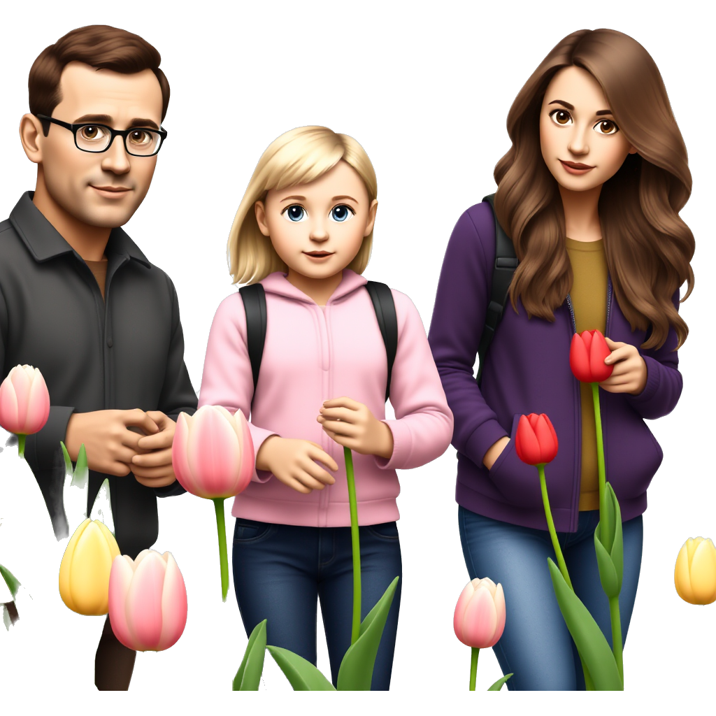 Three people picking tulips, one is a tall brunette man with glasses wearing dark green, one is a short blonde with blue eyes girl wearing pink, one is a brunette with long wavy hair and brown eyes wearing purple
