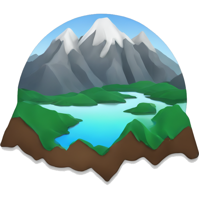 One brown, green, grey and white mountain plus blue lake with soft rounded edges 🏔️ (All over transparent background)