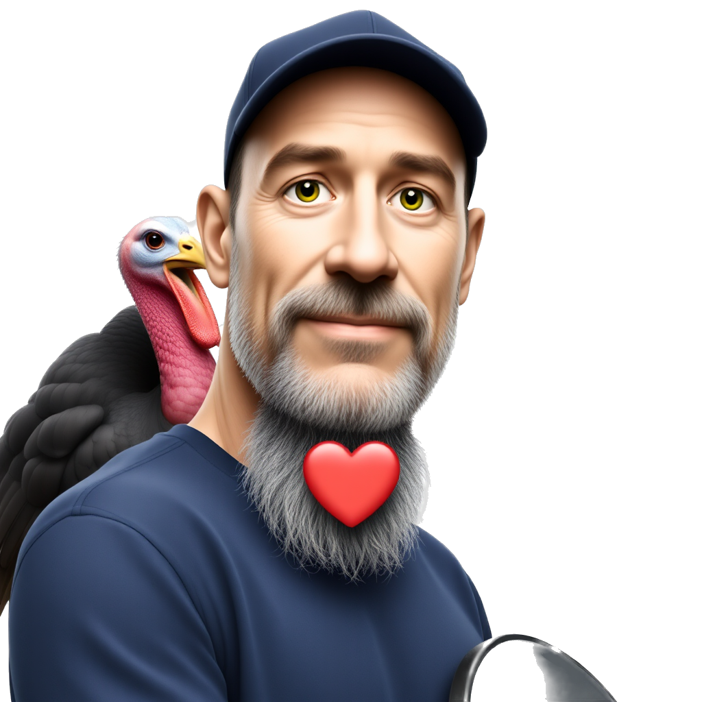 A balding, green eyed pickleball player shown from the waist up and facing straight forward. He has a very short stubbly dark gray beard, wearing a dark blue ball cap, with a large turkey is peering over his shoulder, a small valentine heart in the low center of his chest, and a pickleball paddle in his hand