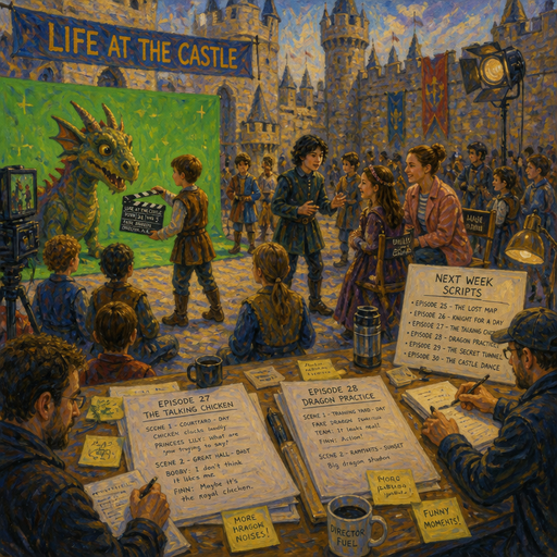 give me kids and one of them are in front of the green screen, and they are writing a fake replica of a fake dragon in the show it is called life at the castle, and one of the girls are hanging out with Millie, Bobby Brown and Finn Wolfhard is acting with the kids and the directors are writing down the different scripts for next week with on a big big big big big big movie set