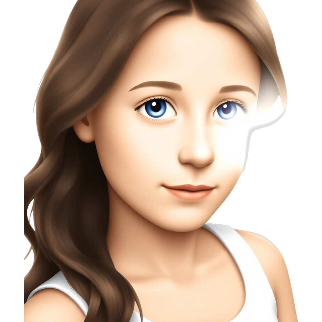 "Soft sunlight illuminating a girl with blue eyes, long wavy brunette hair, wearing a white tank top, serene and ethereal."