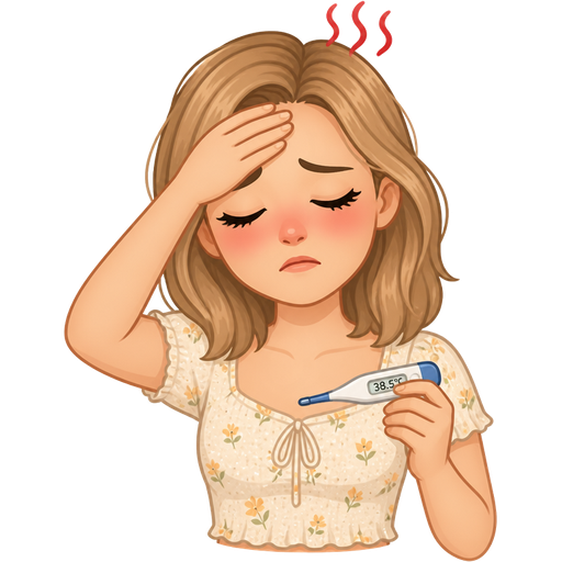 light skin woman with mid-length dirty blonde hair wearing a summer illusion top short sleeves having fever
