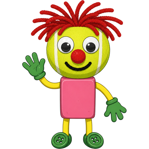 tennis ball head red pipe cleaner hair googly eyes red pom pom nose black mouth pink eraser body yellow legs and arms green gloves green button feet (Fairy Tail)
