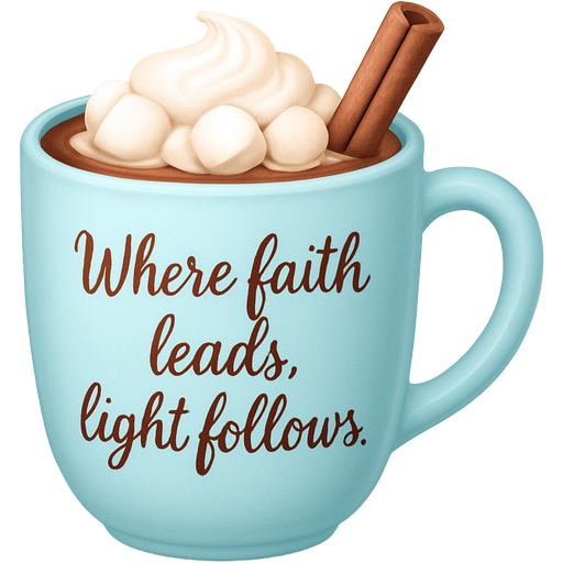 A modern emoji soft girly light pastel blue ceramic coffee mug. It has the text “Where faith leads, light follows.” Engraved on the side of the mug in a cursive font. The mug has hot chocolate inside of it. The hot chocolate has delicious marshmallows and whipped cream on top of it. There is a cinnamon stick inside the coffee cup.