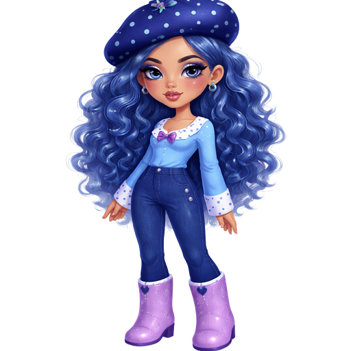 Blueberry Muffin from Strawberry Shortcake with a Neutral Olive Beige Skin Tone adding to it a Heavy Upper Lip furthering the Deepset Eyelashes with a Velvety Matte Mauve Moment Lipstick Style Finish with a HD Glitter Eyeshadow Makeup Look with a Modern Tail-Arched Eyebrow and also Wide Set eyes, Going into a Rectangular Face Shape and a Petite Toned Build and Deep set Earlobes Wearing a Dark Blue Beret with Light Blue Polka Dots all around it and a Light Blue Blueberry Clip at the Very top with Fizzy Curly Blue Hair with a Blue Long Sleeve Shirt with the Top of the Neckline being White with Blue Polka Dots and the bottom of the Sleeve are White with Blue Polka Dots and also the shirt has a thin Purple Bow in the Middle Wearing Dark Blue Pants and 4 Buttons on the Side and Purple Lilac Boots with Vivid and Distinct Features and Visual Texture in an intense polished shine