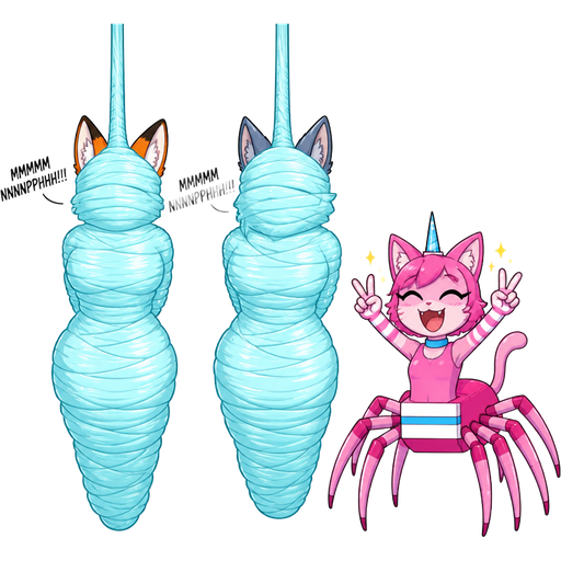 wrapped up and mummified fully covered in a #B8FFFF spider slik cocoon shaped like anthro female fox anthro arms behind back with #B8FFFF spider slik wrappings completely covered with thick layers non-transparent #B8FFFF spider slik wrappings hanged to the ceiling MMMMMNNNPPPHHH!!! on the left side next to wrapped up and mummified fully covered in a #B8FFFF spider slik cocoon shaped like anthro female wolf anthro arms behind back with #B8FFFF spider slik wrappings completely covered with thick layers non-transparent #B8FFFF spider slik wrappings hanged to the ceiling MMMMMNNNPPPHHH!!! on the left side next to happy anthro femboy pink cat drider doing victory sign based on unikitty