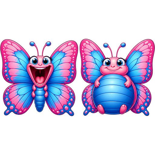 giant pink and blue butterfly next giant pink and blue butterfly wide open mouth next to giant pink and blue butterfly with full belly