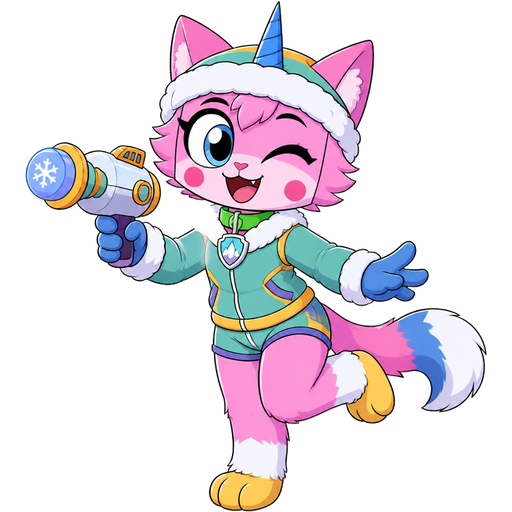 happy femboy anthro furry pink cat with blue and white tail white wrists blue hands white ankles yellow feet green collar blue unicorn horn based on unikitty wearing everest's hat and clothing holding a freeze ray gun