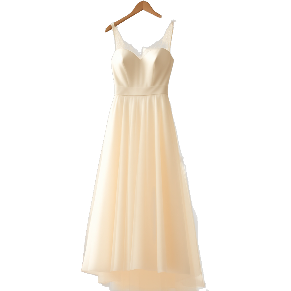 "Soft pastel prom dress hanging in a sunlit room, surrounded by delicate flowers and shimmering fairy lights."