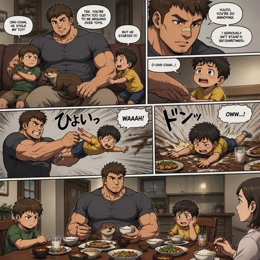 A DETAILED AND LIFELIKE ANIME Comic Book story view of a Bulky but Muscular ANIME Cute Bara Man With Peach toned skin Who looks Normal aind round facial Structure and Basic facial structure With Puffy and Big Pecs that are visible through the shirt and Biceps and Bandaid on his nose and Brown short hair that makes them look tough. Wearing normal With his pet Grown and healthy realistic otter and 2 little brothers that are in different ages but young. And he doesn‘t like one of them and big brother picks the little brother up and The little brother fly’s to the table and limps away to his seat at the dinner