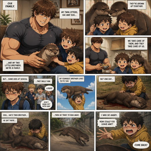 A DETAILED AND LIFELIKE ANIME Comic Book story view of a Bulky but Muscular ANIME Cute Bara Man With Peach toned skin Who looks Normal aind round facial Structure and Basic facial structure With Puffy and Big Pecs that are visible through the shirt and Biceps and Bandaid on his nose and Brown Fluffy and Strait hair. Wearing normal With his pet Grown and long and healthy realistic otter and 2 little brothers that are in different ages but young. And they See there twin otter cuddle with them. And the otters Cuddle the Little Brothers and they keep them as pets and take care of them. The little brother gets bullied by his friends. The youngest brother flys an otter. The otter lays there, the otter’s brother sits there and cries over his body. And then the otter brother tried to run away and the little brother got mad at the otter brother.