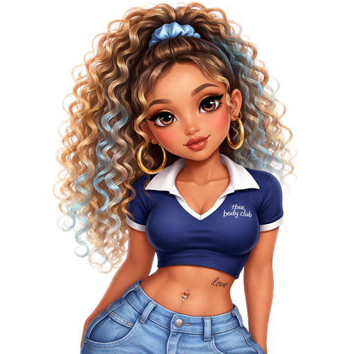 An aesthetic girl with really curly hair with light blue highlights and body tea wearing blue baggy jeans and a dark blue white collar v neck shirt put her hair into a high ponytail and make the shirt short sleeve and tight add a white collar to the shirt and in the corner and ‘ the body club ‘ in white letters and make her eyes brown add a small tattoo under the shirt saying’ love ‘ in a nice cursive font and add edges to her hair add a really cute belly piercing and make the tattoo a bit higher make the face a bit more baby like