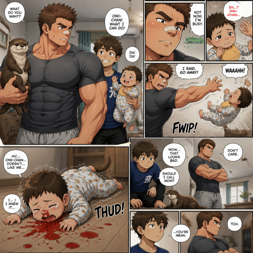 A DETAILED AND LIFELIKE LONG Anime Comic Book story view of a Bulky but Muscular ANIME Cute Bara Man With Peach toned skin Who looks Normal aind round facial Structure and Basic facial structure With Puffy and Big Pecs that are visible through the shirt and Biceps and Bandaid on his nose and Brown short hair that makes them look tough. Wearing normal With his pet Grown and healthy realistic otter and 2 little brothers that are in different ages but young. he hates the baby but not the other brother and the baby flies to the floor from him, and red comes from the baby’s nose and all around the floor with cute pajamas and the baby knows he doesn’t like him. and the other brother doesn‘t care.