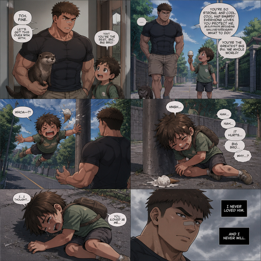 A DETAILED AND LIFELIKE ANIME Comic Book story view of a Bulky but Muscular ANIME Cute Bara Man With Peach toned skin Who looks Normal aind round facial Structure and Basic facial structure With Puffy and Big Pecs that are visible through the shirt and Biceps and Bandaid on his nose and Brown short hair. With A realistic otter and baby brother. And He doesn’t like his baby brother And he goes and take his baby brother to the park and on the way there the baby talks about how great he is. And the baby flies at a Streetlight and leans on it wheezing with the ice cream flying out of his hand. And he purposly made The baby fly from his grasp and lays on his side crying an slowly getting up. And realizes that he never loved him, and never will