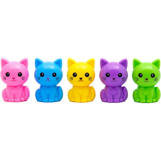 pink plastic kitten toy blue plastic kitten toy yellow plastic kitten toy purple plastic kitten toy green plastic kitten toy in a row