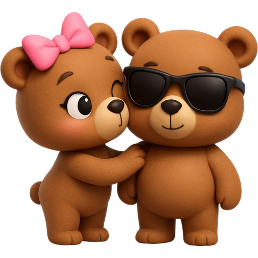 two cute brown bears standing where the girl is wearing a pink bow and kissing the other on the cheek. make the other bear wearing black sunglasses