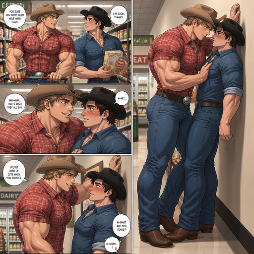 A Full Body anime comic book of a Beefy and Bulky but Muscular and ANIME Cute Bara Cowboys Who looks Normal and American with a round facial Structure and Basic facial structure With Puffy and Big Pecs that are visible through the shirt and Biceps and Bandaid on his nose and slim and thin waist. Both Siting at the Grocery store with his Crush and pins him to a wall