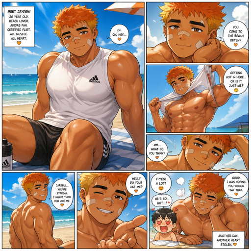 A Full page Anime Comic book story about of a masculine and Bulky ANIME Cute Bara Man American 20 year old with a ROUND and BASIC facial structure and TENAGE BARA CUTE MALE not to detailed With bigger than average Pecs that are visible through the shirt and Biceps and a big Bandaid on his nose and Left Cheek and Right Eye brow. Wearing a no piercings Baggy White sleeveless Adidas Athletic shirt and Short and Orange Hair and Brighter Yellow Hair Tips and Strait with brown eyes and black eyebrows. Sitting down Hot,Cute and Dreamy smile and doing other cute and Hot stuff at a Beach Taking off his shirt and Flirting