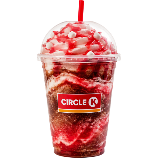 Cherry Lime Fluffy Coke Soft Shaved Ice Slushie in a Plastic Cup and Plastic Dome Lid with a Straw Mixed in with Extra Syrup Mixed in with Marshmallow Cream and Cherry Whipped Cream on Top