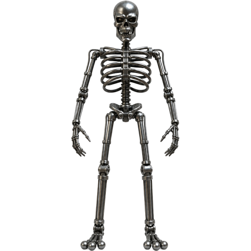metal skull steel jaws with sharp metal teeth metal pipe ribcage metal flexible hose spine arms metal hands and legs metal feet with three metal balls toe