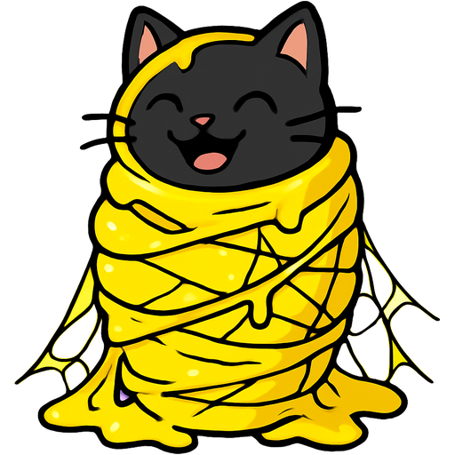 #FFFF00 slikworm cocooned pod black cat happy covered with #FFFF00 huge coating of #FFFF00 slik and #FFFF00 slik wrappings and #FFFF00 webbing