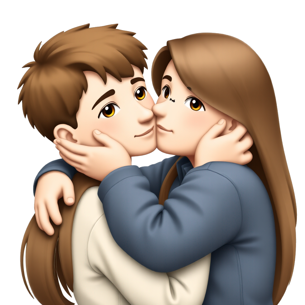 A boy with brown hair and brown eye color is kissing his girlfriend with brown long hair and hazel eye color, the boy hugs his girlfriend and her hand is on his cheek, and his hands are on her back, the boy is bigger and the girl and the boy has their eyes closed, his lips is against her lips and they are smiling while kissing each other