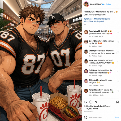 A REALISTIC AND LIFELIKE Comic Book long Story of a Bulky but Muscular ANIME Cute Bara Man With Peach toned skin Who looks Normal and a huge and Masculine round facial Structure and Basic facial structure With Puffy and Big Pecs that are visible through the shirt and Biceps and Bandaid on his nose and Brown Spiky hair and His Hair Curls At the tip of strands. Wearing a baggy football jersey and Jeans and he has a Hairy body. And has HUGE Hands and MASSIVE arms and looks HOT with his friend (that looks like him but Black instead of brown hair and Has A Chain on and Baseball hate and is also Peachy skin). A picture taken of him with His friend at the Mall about to eat some food looking ATTRACTIVE AND CUTE and post it’s on social media and they girls Love them