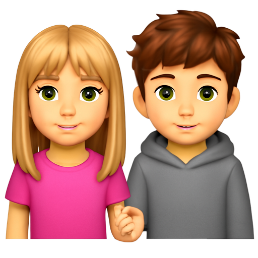 A pretty 13 year old girl with long blonde curtain bangs and brown eyes wearing a pink shirt holding hands with a 13 year old boy with fluffy brown hair and green eyes wearing a grey hoodie