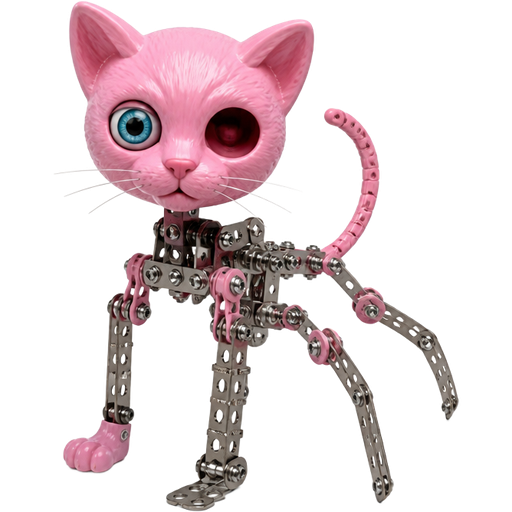 toy pink cat head one of the blue eyes are missing on left toy pink cat paws skeleton like body made of Erector Set pieces toy pink cat tail endoskeleton head with blue doll eye on left eye socket 3 spider like legs made of Erector Set pieces 2 endoskeleton feet 1 toy pink cat foot