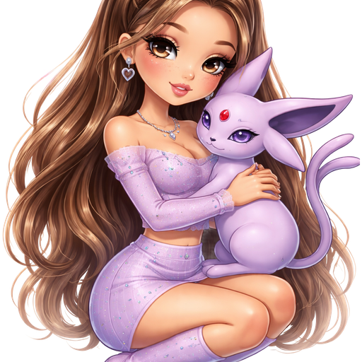 semi-realistic soft cartoon luxury glam, mini plush Bratz-doll aesthetic, cinematic glow, crisp clean detail, glossy glam skin. brown eyed Petite 5ft girl, fair skin with soft freckles, wide face with tall forehead, honey-brown almond wide-set upturned eyes, fluttery lashes, shimmer highlight, plush lips, bottom heavy lip, sweet Belle-princess vibe, long straight brunette hair with visible light blonde highlights, wearing a lilac fitted off-shoulder crop top with subtle gem details, a lavender mini skirt, silver jewelry, light lilac knee-high boots, soft waves with a half-up style, holding Espeon from Pokémon with a graceful elegant pose