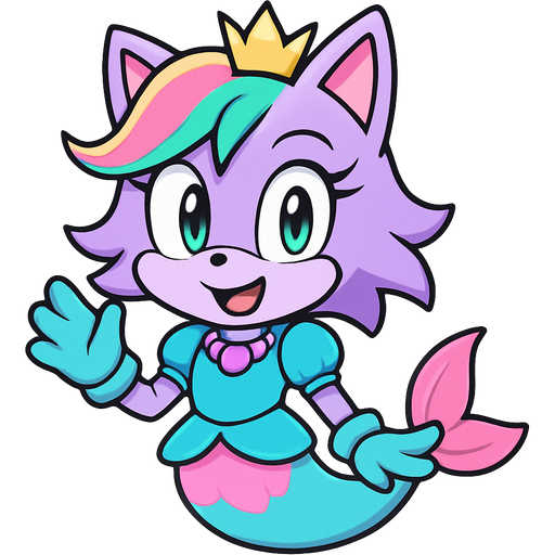 sonic x style version light purple anthro cat smiling with pink and green and yellow hair blue green eyes golden crown with light purple necklace light cyan braclets cyan and blue dress with pink skirt attached to cyan mermaid tail with pink tail fins pink and cyan gloves sonic x style version, anime style emoji, cute expressive character