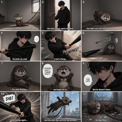 A comic book Picture by picture and shows every action of a A baby otter in a room alone on a leash and his male Cute and Handsome wearing a Black Hoodie and Shorts owner the owner opens the door and the otter runs into a corner scared. Then a bat is flung and he misses The otter flinches and begs not to but he doesn’t listen and the otter flys and hits the window and lays there
