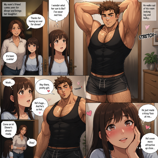 A REALISTIC AND LIFELIKE Comic Book long Story of a Bulky but Muscular ANIME Cute Bara Man With Peach toned skin Who looks Normal and a huge and Masculine round facial Structure and Basic facial structure With Puffy and Big Pecs that are visible through the shirt and Biceps and Bandaid on his nose and Brown Spiky hair and His Hair Curls At the tip of strands. Wearing a Black Tank top and Short shorts with and has a Hairy body and looks very manly like a Dad but isn‘t one. and Attractive and Hot. His Mom‘s friend comes over for dinner and Brings her daughter, And the Mom‘s friend‘s daughter sees him walk out of his room looking big and Bulky with the Perfect Physique and Stretches and makes a Kissy face at her and she thinks he’s attractive