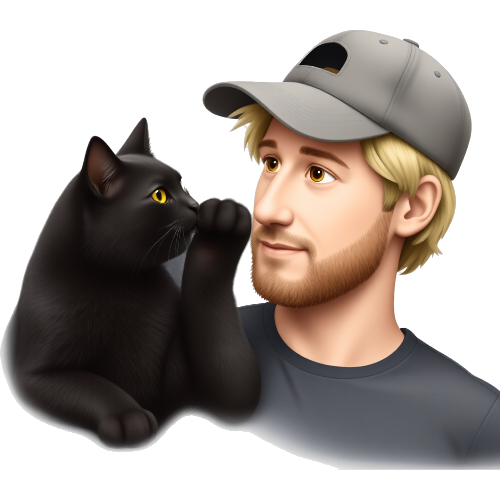 A black cat looks at the American boy next to her. Her paws are touching his head. The American is 28 years old. He wears a baseball cap. His hair is a little long, probably to his neck. He has blond hair and a little beard, The two of them looked at each other