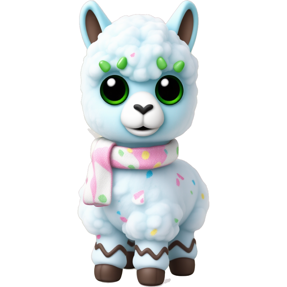 A sugary blue llama made of cotton candy, adorned with enormous green gummy bear eyes. Its pastel fur is sprinkled with colorful candy shards, wearing a chocolate droplet scarf and licorice-patterned hooves, standing on a bright candy cane-striped background.
