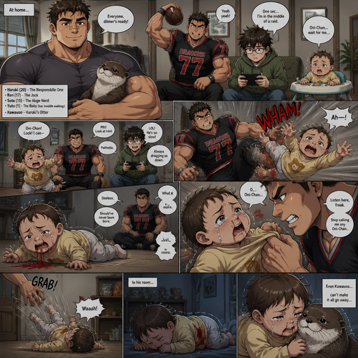 A DETAILED AND LIFELIKE LONG Anime Comic Book story view of a Bulky but Muscular ANIME Cute Bara Man With Peach toned skin Who looks Normal aind round facial Structure and Basic facial structure With Puffy and Big Pecs that are visible through the shirt and Biceps and Bandaid on his nose and Brown short hair that makes them look tough. Wearing normal With his pet Grown and healthy realistic otter and 2 little brothers and baby that are in different ages but young. At the house but the baby has a problem walking, the other is strong and buff and bulky and a jock and a huge nerd. and never help the baby and always let it fail. And they Hate the baby, and one day the baby flys to the floor from one of the brothers and red comes from the baby’s nose and is on the floor and stained a shirt. and the baby looks up at the brothers and tears filled his eyes. And the baby’s face jerks to the left from him. and he tells him to stop calling him any oni-Chan.and he lowers his head To his brother. and the baby flirs into the floor In it’s room from his grasp. And the baby has the otter to comfort him, but it‘s still sad.