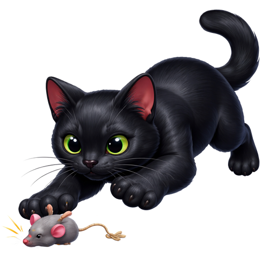 Extra Large all black Bombay polydactyl adult cat, big light green eyes, very shiny coat, pouncing on toy mouse