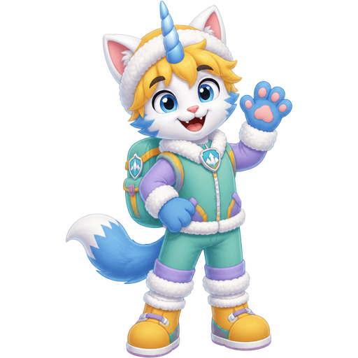 smiling cat anthro furry boy with yellow hair blue and white tail white wrists blue hands white socks yellow boots green collar blue unicorn horn based on unikitty wearing everest's hat and everest's clothing with everest's backpack