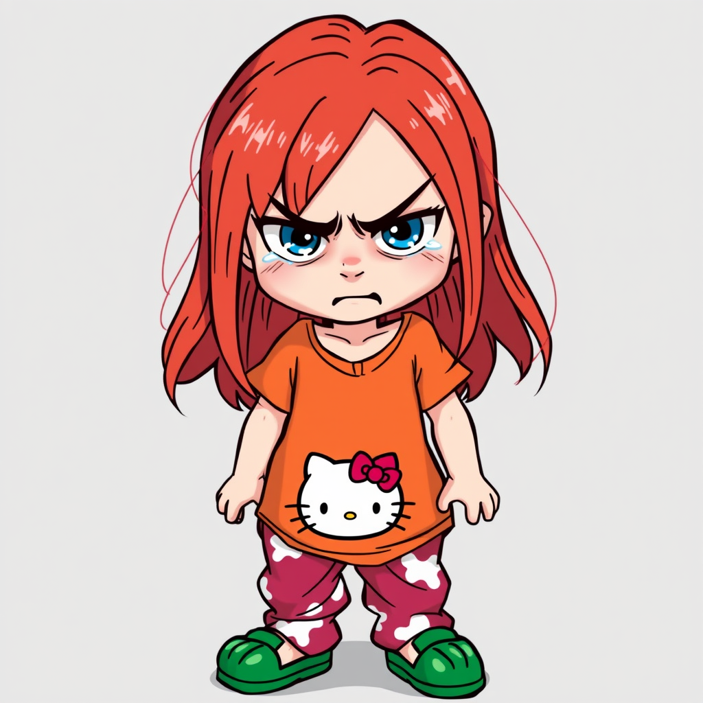 Hannah downs red head pail cry baby blue eyes orange T-shirt hello kitty pants green crocs hair down angry look still crying