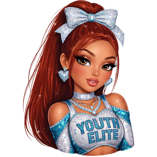 Bratz looking girl with tan skin and ginger that is in a high ponytail with long eyelashes in a bedazzled cheer uniform that says youth elite