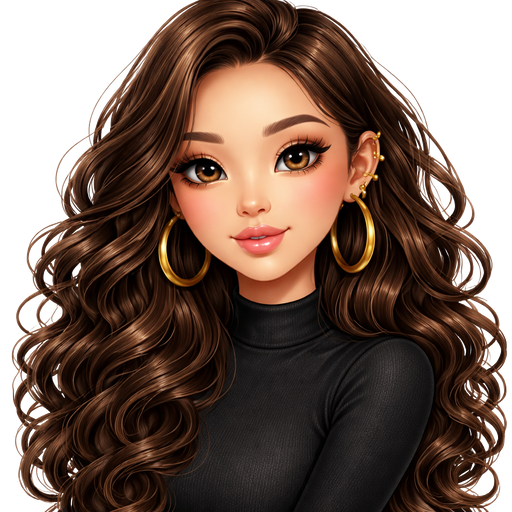 A Asian girl with long brown curly hair with a tight long sleeve black top make her hair more curly and give her lashes give her gold hoop earrings and lots of gold ear piercings