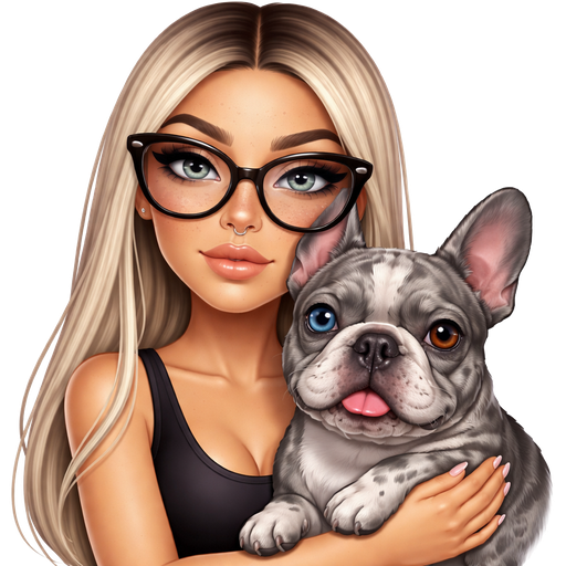 40 year old latina baddie with slim face and thin lips and a slight bumpy nose round face cheek bones with almond shaped LIGHT ICY GRAY colored eyes and lashes with fair skin with lots of dark freckles across nose and a shiny nose stud ring and long straight icy blonde hair and dark roots parted in the middle and wearing large black glasses wearing a black tank top with a serious face slight smile and small hands with light pink color nails and holding a gray merle french bulldog that has one blue and one brown eye
