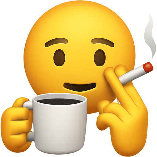 Erstelle einen Emoji, der eine Kaffeetasse in der Hand hat und zwischen Zeigefinger und Mittelfinger eine Zigarette festhält