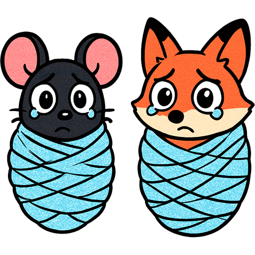#B8FFFF cocooned wrapped up black mouse frightened and teary eyes cocooned covered with thick coat of #B8FFFF webbing #B8FFFF cocooned wrapped up red fox frightened and teary eyes cocooned covered with thick coat of #B8FFFF webbing cartoon style emoji, fun expressive character