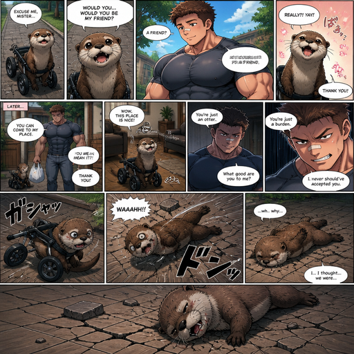 A DETAILED AND LIFELIKE ANIME Comic Book story view of a Bulky but Muscular ANIME Cute Bara Man With Peach toned skin Who looks Normal aind round facial Structure and Basic facial structure With Puffy and Big Pecs that are visible through the shirt and Biceps and Bandaid on his nose and Brown short hair. Wearing normal clothes. An otter goes to him in a dog wheel chair and asks to be his Friend and He accepts but then the otter goes to his house and is Betrayed and lays there out of his wheel chair and Flys to the floor and it Cracks